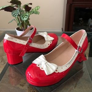 VINTAGE Inspired Retro Red & White Bow Pin-Up Style Oxford Mary Janes